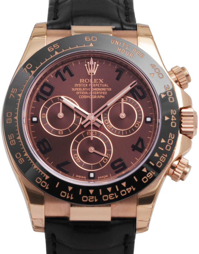 Rolex Daytona 116515ln  Arabic Numerals  2014  Very Good  Case Material Rose Gold  Bracelet Material: Leather