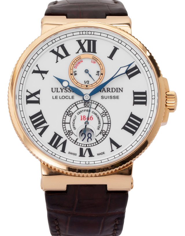 Ulysse Nardin Marine Chronograph 266-67  Roman Numerals  2008  Very Good  Case Material Rose Gold  Bracelet Material: Leather