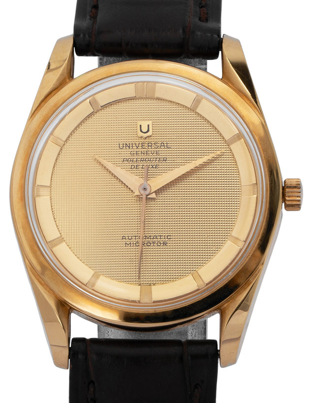 Universal Geneve Polerouter Deluxe 10357/1  Baton  1957  Good  Case Material Yellow Gold  Bracelet Material: Leather