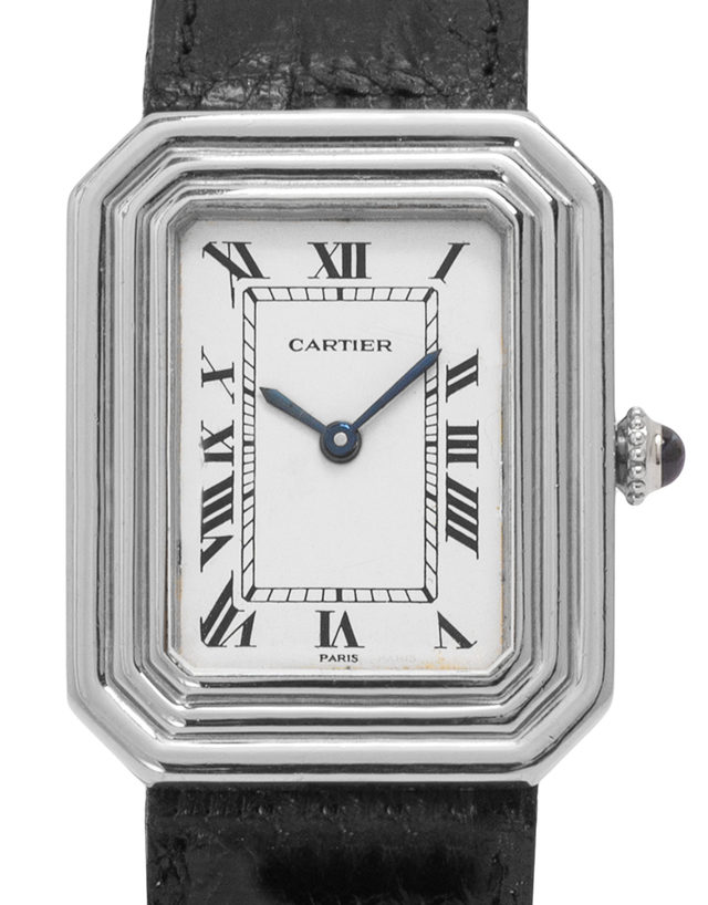 Cartier Vintage Manual  Roman Numerals  1973  Used  Case Material White Gold  Bracelet Material: Leather