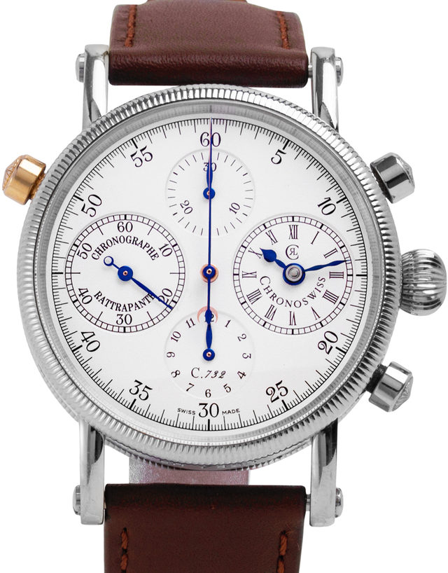Chronoswiss Chronograph Rattrapante Ch7323  Arabic Numerals  1994  Used  Case Material Steel  Bracelet Material: Leather