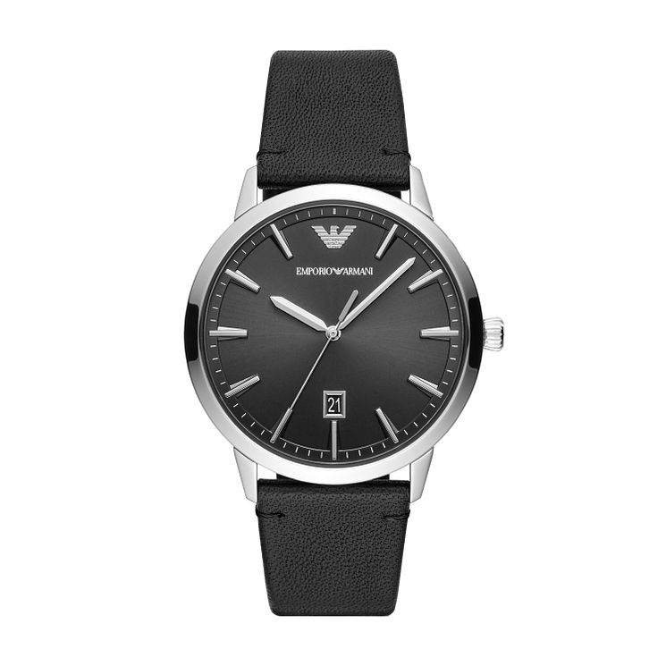 Emporio Armani Mens Black Leather Strap Watch