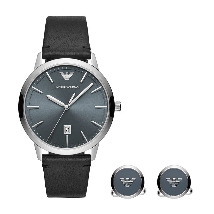 Emporio Armani Mens Black Strap WatchandCufflinks Set