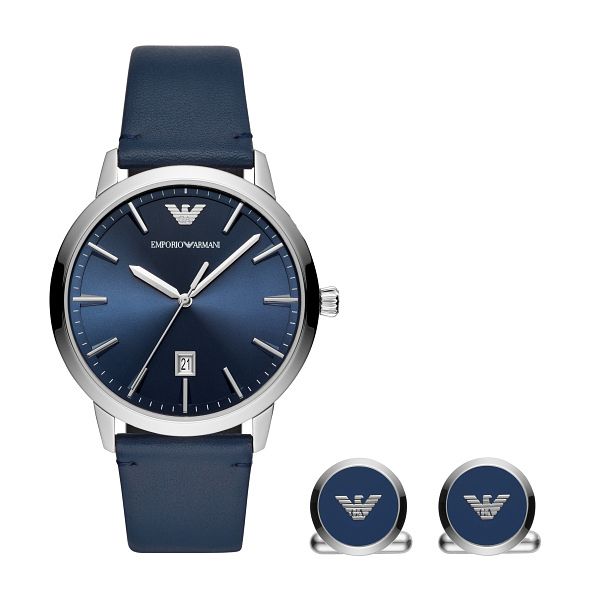 Emporio Armani Mens Blue Leather Strap WatchandCufflinks