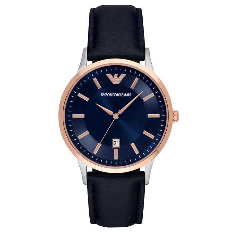 Emporio Armani Mens Two-tone Case Blue Leather Strap Watch