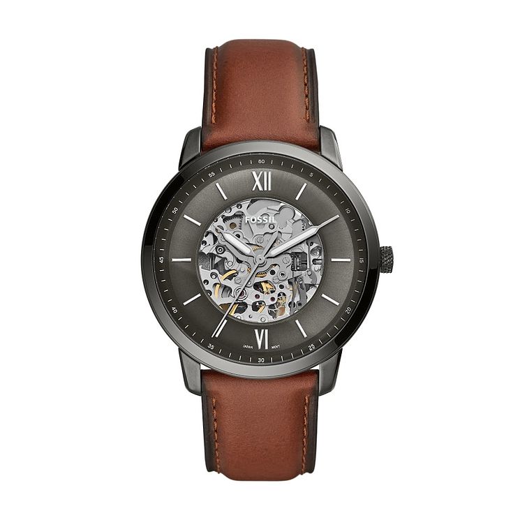 Fossil Mens Skeleton Dial Brown Leather Strap Watch