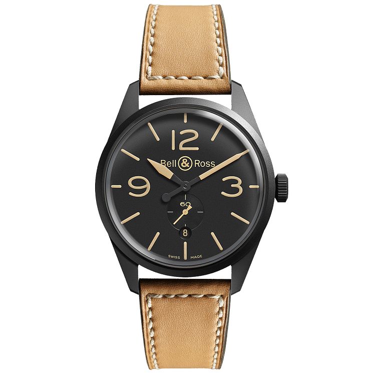 BellandRoss Heritage Mens Black Ion-plated Tan Strap Watch