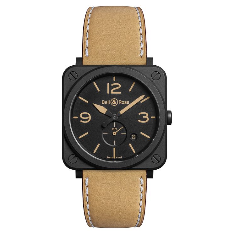 BellandRoss Mens Ip Square Black Dial Strap Watch