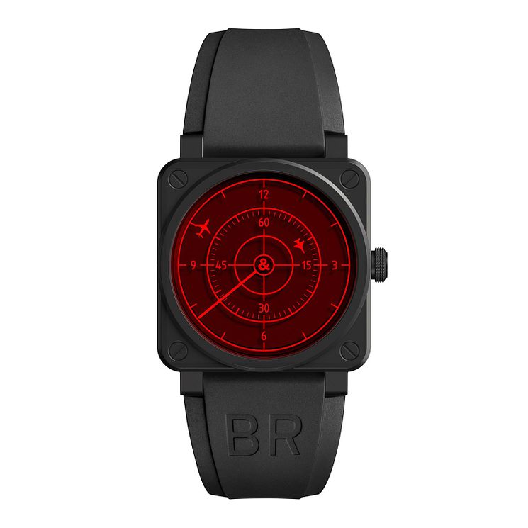 BellandRoss Red Radar Ceramic Mens Black Rubber Strap Watch