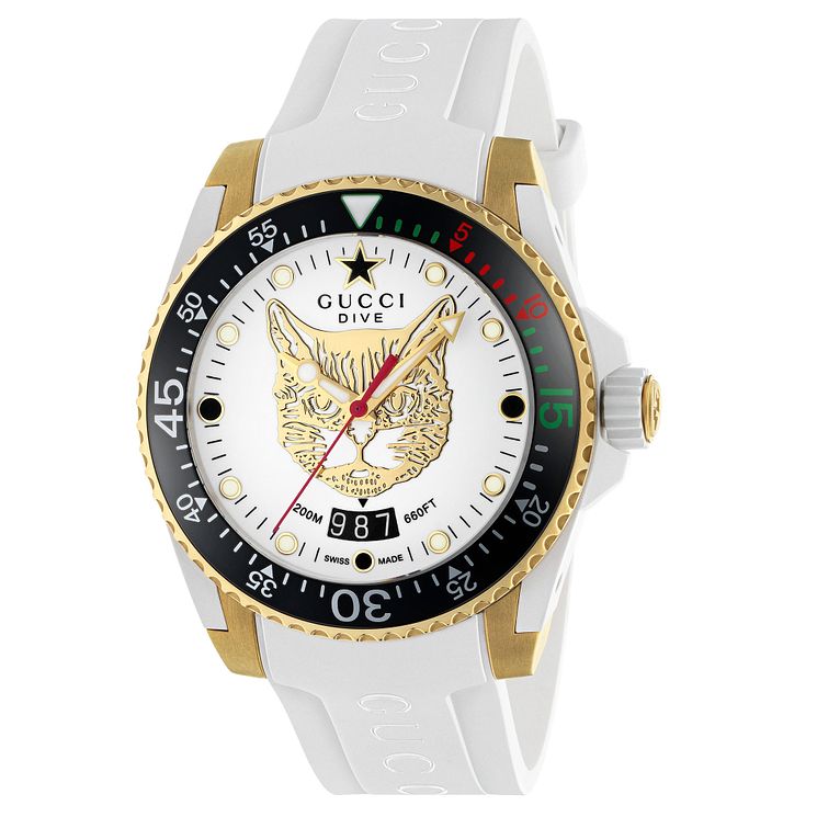 Gucci Dive Cat Dial White Rubber Strap Watch