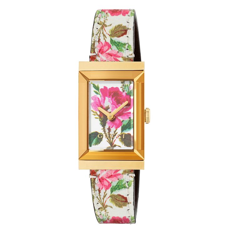 Gucci G-frame Flower Patterned Leather Strap Watch
