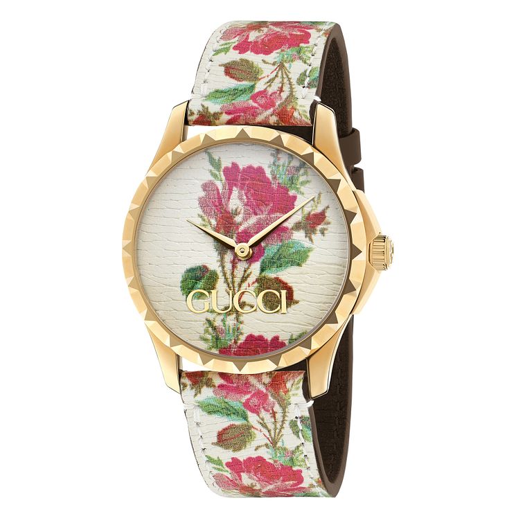 Gucci G-timeless Floral Cream Leather Strap Watch