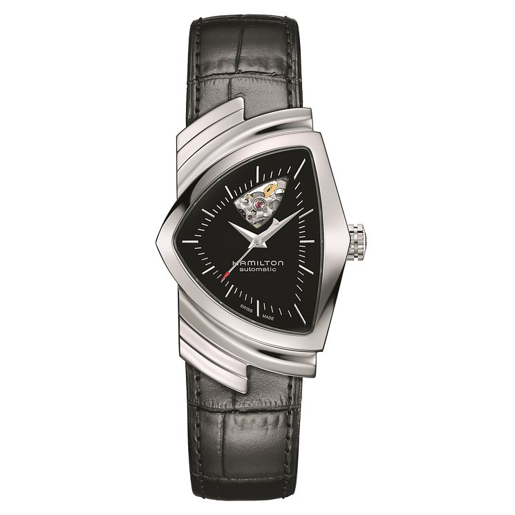 Hamilton Ventura Open Heart Mens Black Leather Strap Watch