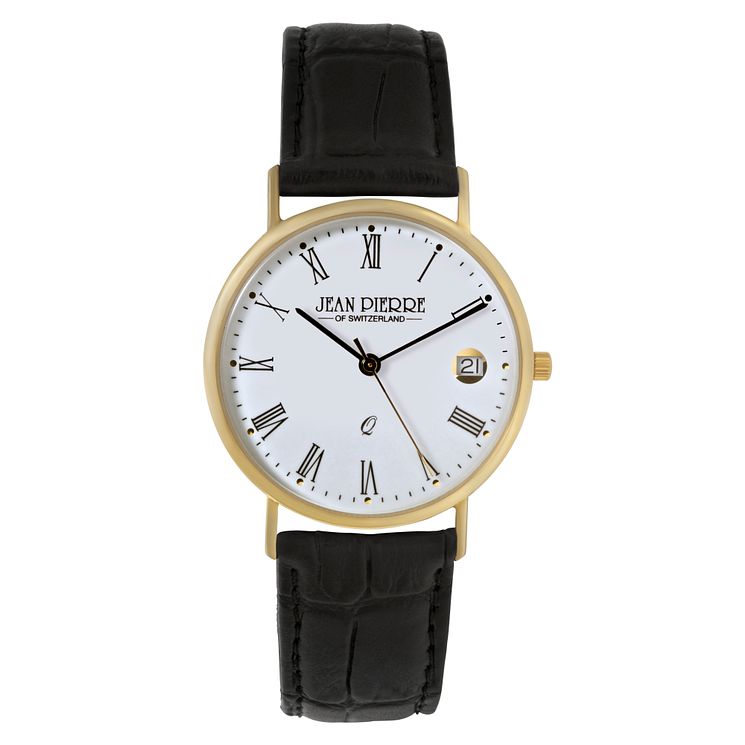 Jean Pierre Classique Mens 9ct Gold Black Strap Watch