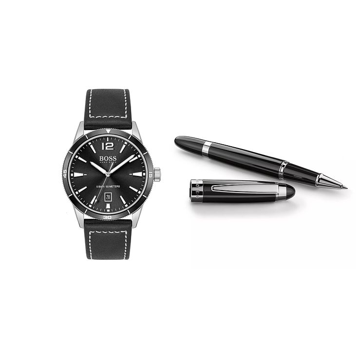 Boss Drifter Mens Leather Black Watch Pen Gift Set