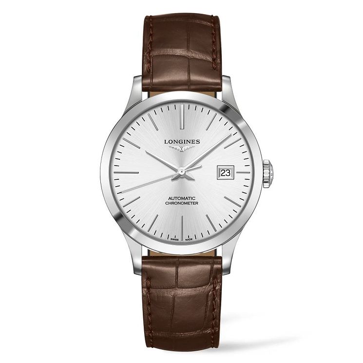 Longines Record Mens Brown Leather Strap Watch