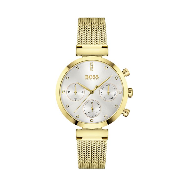 Boss Flawless Crystal Yellow Gold Tone Mesh Bracelet Watch