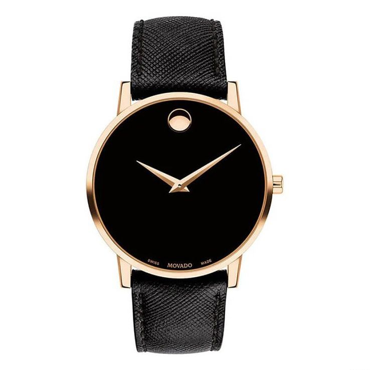 Movado Museum Mens Rose Gold Plated Black Strap Watch