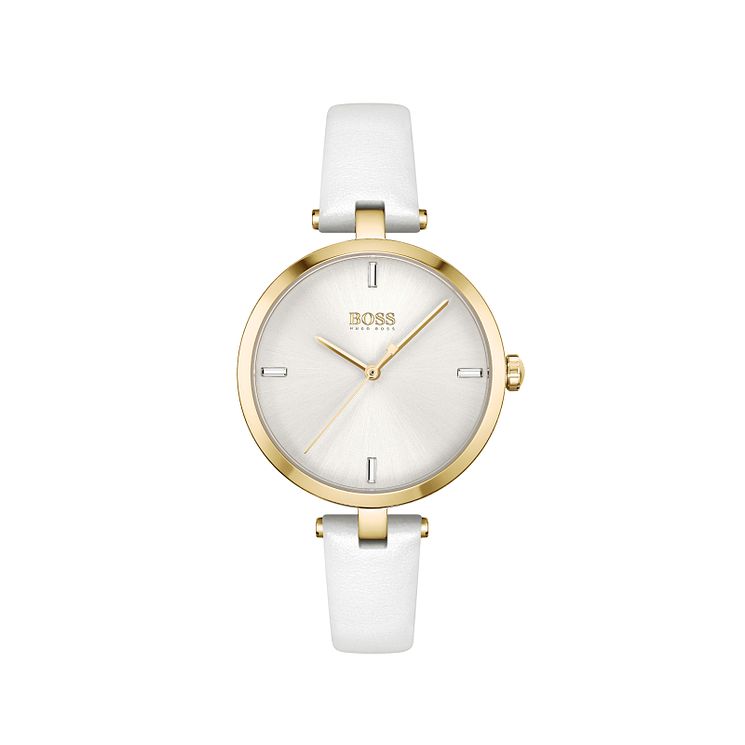Boss Majesty Crystal Ladies White Leather Strap Watch