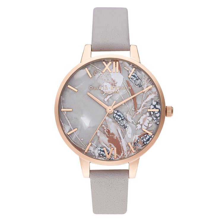 Olivia Burton Abstract Florals Grey Leather Strap Watch