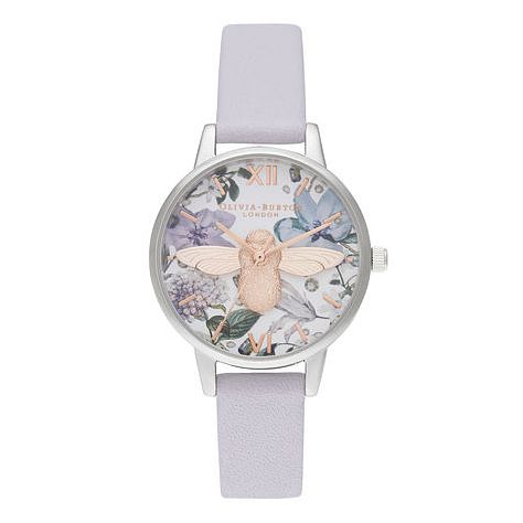 Olivia Burton Bejewelled Floral Violet Leather Strap Watch