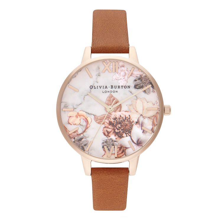 Olivia Burton Marble Floral Tan Leather Strap Watch