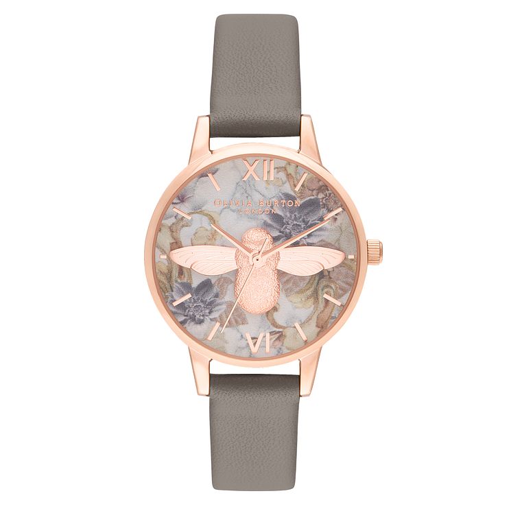 Olivia Burton Marble Florals 3d Bee Grey Leather Strap Watch