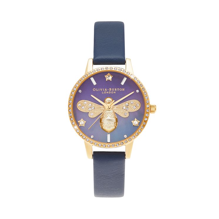 Olivia Burton Sparkle Bee Blue Leather Strap Watch