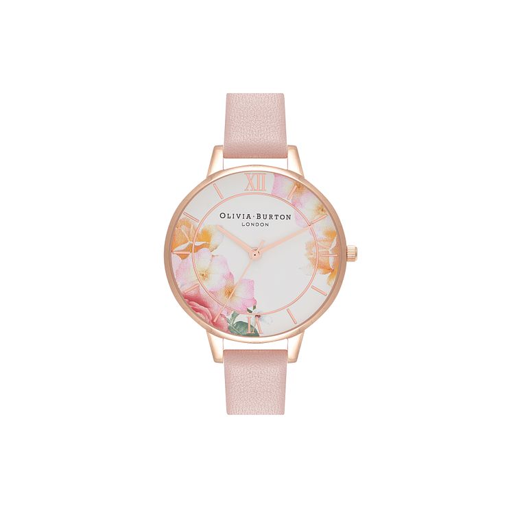Olivia Burton Tea Party Floral Pink Leather Strap Watch