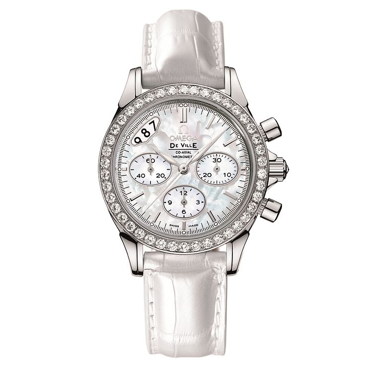 Omega Deville Ladies Diamond White Leather Strap Watch
