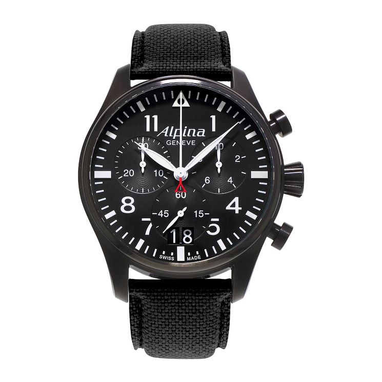 Alpina Startimer Pilot Mens Black Leather Strap Watch