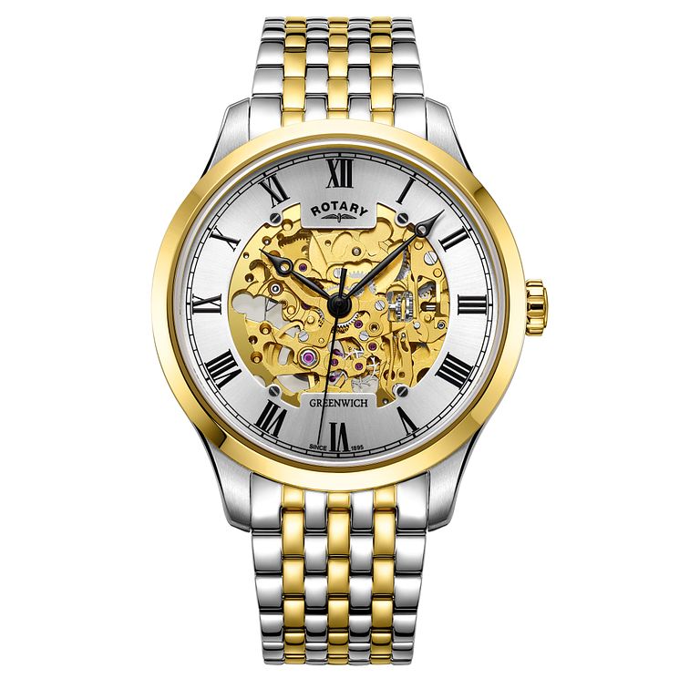 Rotary Greenwich Mens Two-tone Skeleton Bracelet Watch