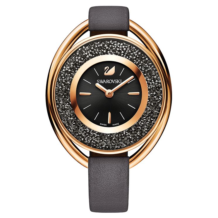 Swarovski Crystalline Ladies Oval Black Leather Strap Watch