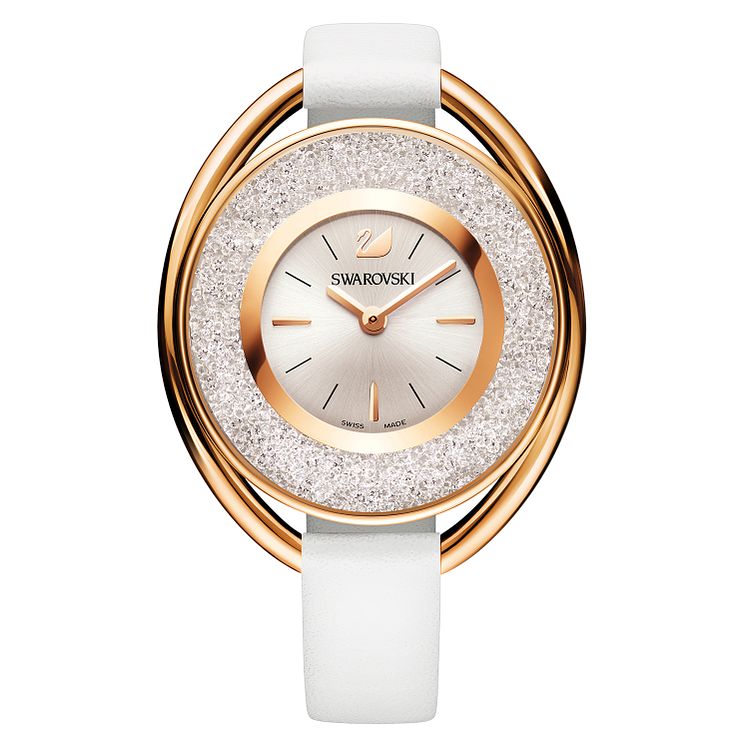 Swarovski Crystalline Ladies Oval White Leather Strap Watch