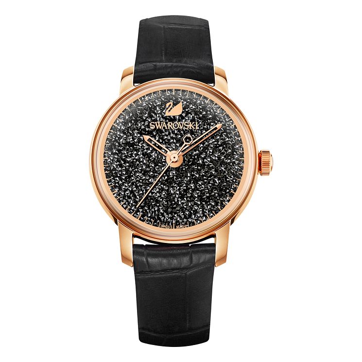 Swarovski Rose Gold Tone Crystalline Hours Black Strap Watch