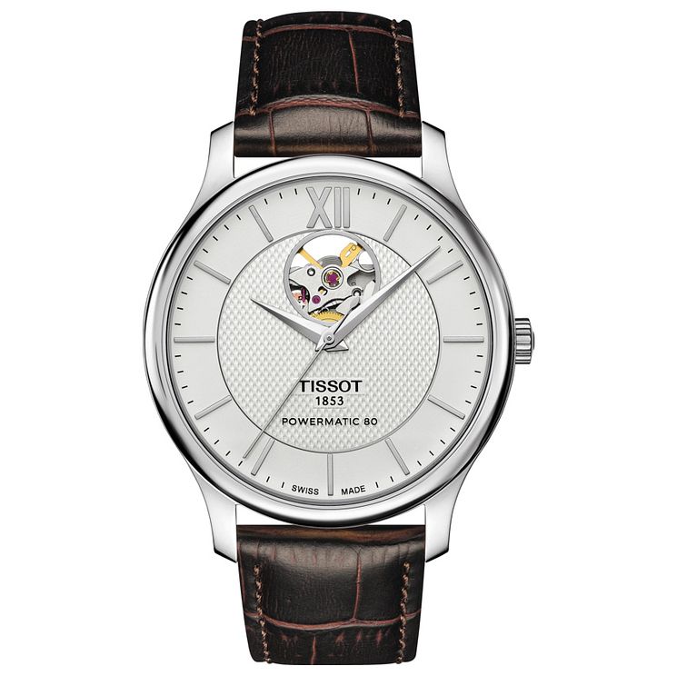 Tissot Mens Stainless Steel Open Heart Leather Strap Watch