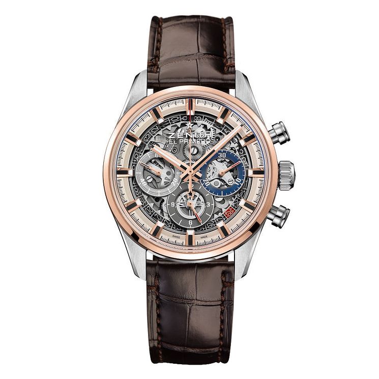 Zenith El Primero Mens Skeleton Brown Strap Watch