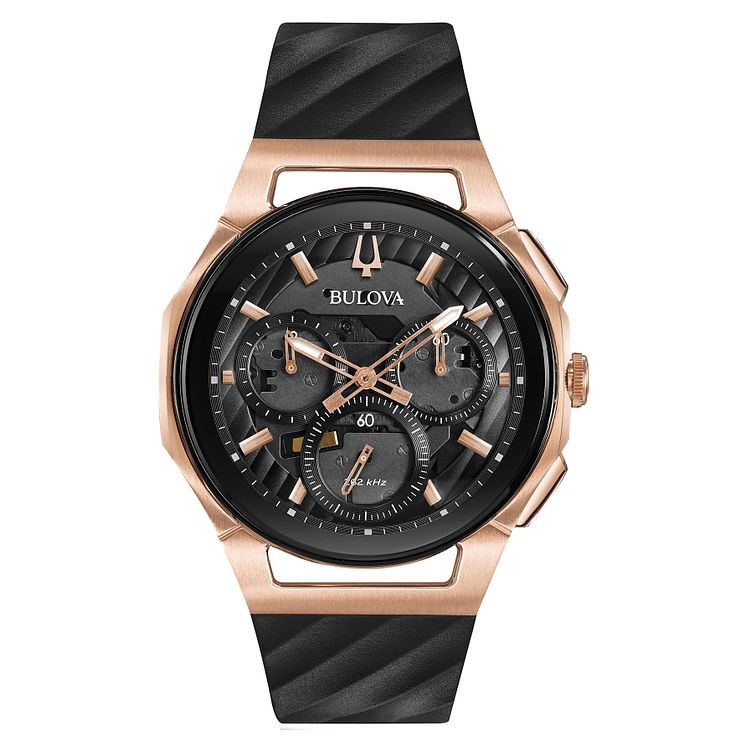 Bulova Mens Curv BlackandRose Gold Tone Chronograph Watch