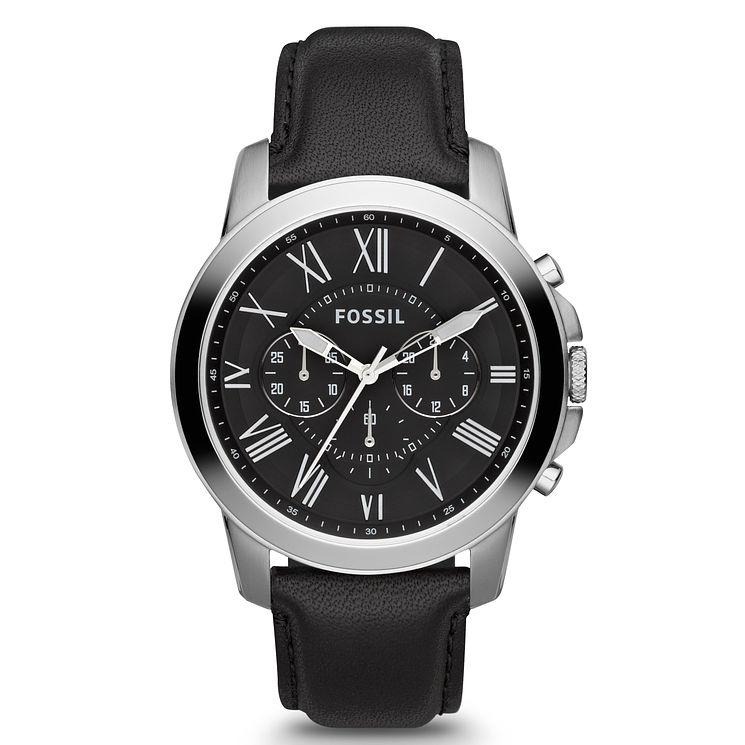 Fossil Mens Silver Tone Black Leather Strap Watch