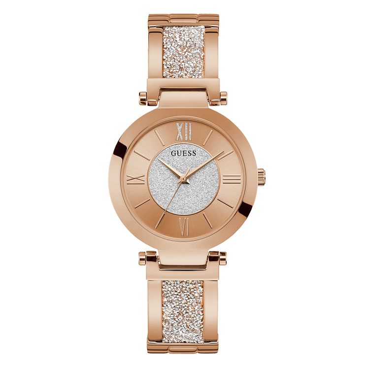 Guess Aurora Ladies Rose Gold Tone Glitz Bracelet Watch