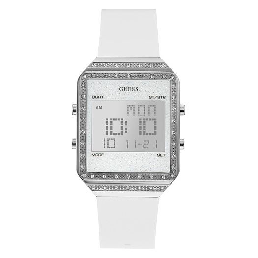 Guess Crystal Rectangular White Silicone Strap Watch