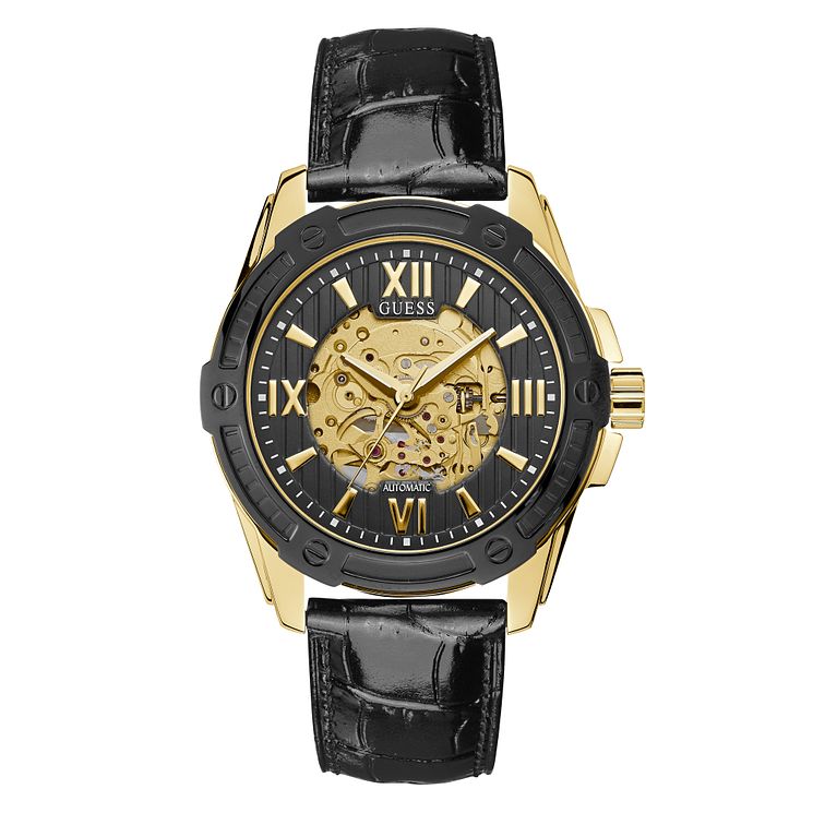 Guess Galaxy Mens Black Leather Strap Watch