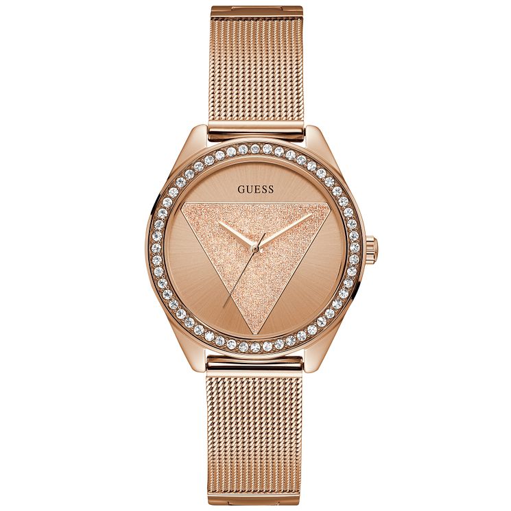 Guess Glitz Ladies Rose Gold Tone Mesh Bracelet Watch