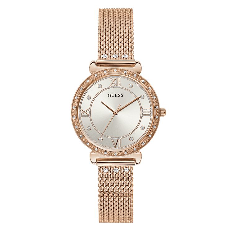 Guess Jewel Ladies Rose Gold Tone Mesh Bracelet Watch