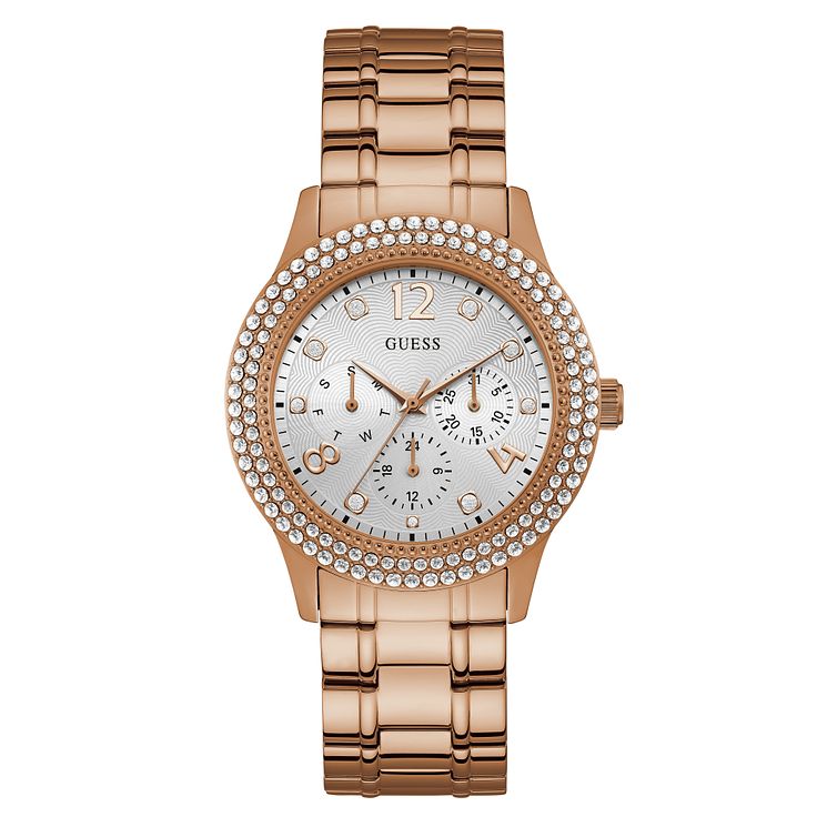 Guess Ladies Crystal Case Rose Gold Tone Bracelet Watch