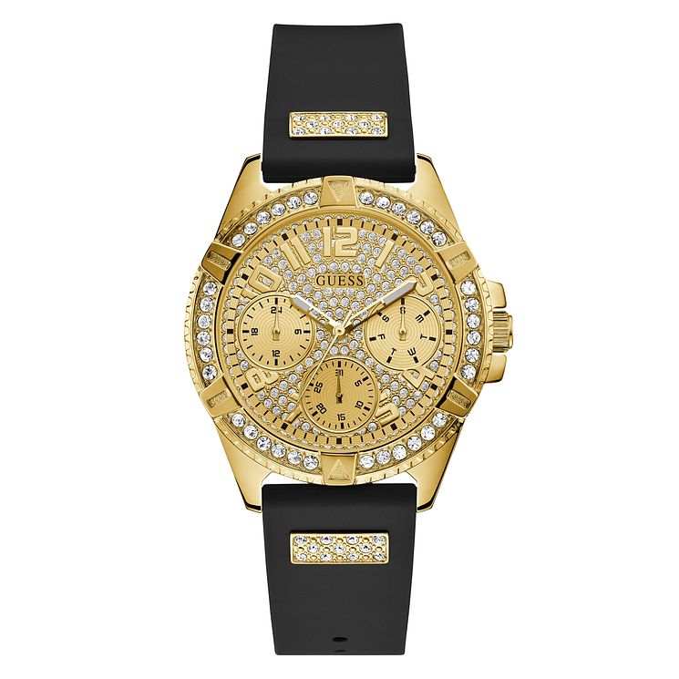 Guess Ladies Crystal Dial Black Silicone Strap Watch