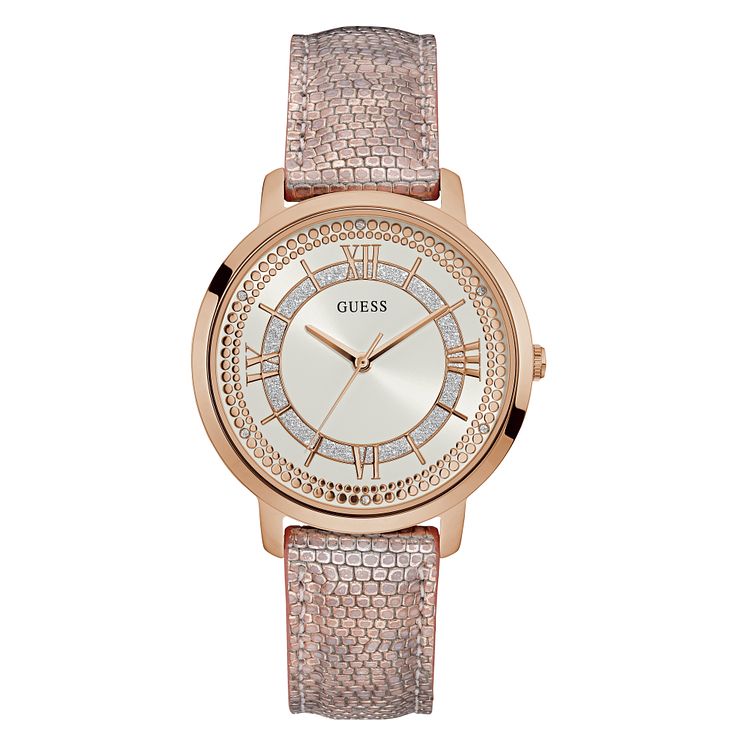 Guess Ladies Pink Patterned Leather Strap Watch