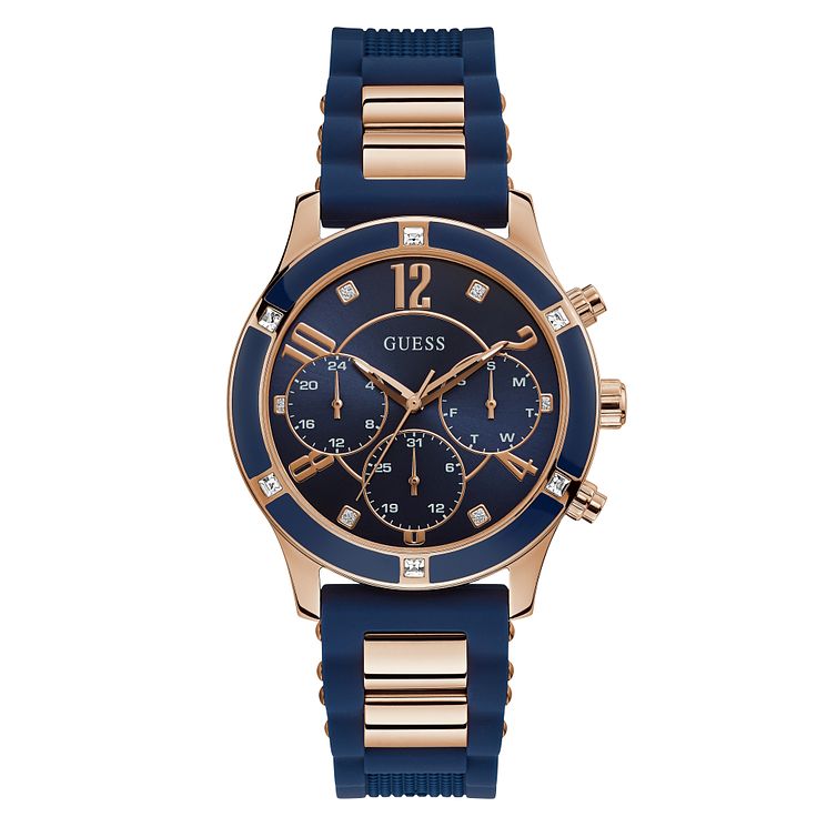 Guess Ladies Rose Gold ToneandBlue Silicone Strap Watch