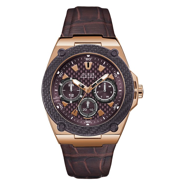 Guess Legacy Mens Brown Leather Strap Watch