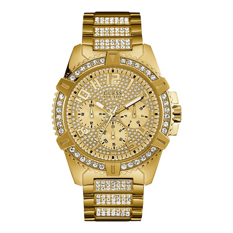 Guess Mens Crystal Dial Yellow Gold Tone Bracelet Watch